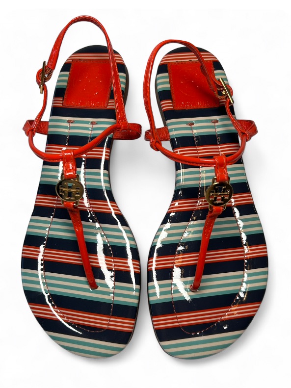 Tory Burch Emmy T-Strap Flat Sandals Featuring A Striped Patent Leather Design